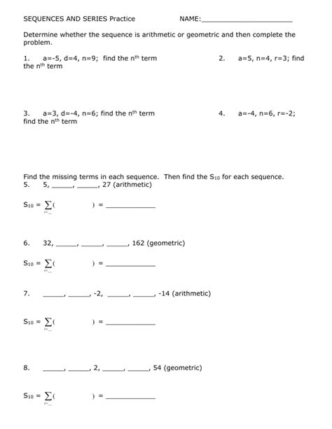 sequences and series worksheet answer key